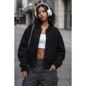 Black Wool Blend Varsity Bomber Jacket Collared Snap Front Casual